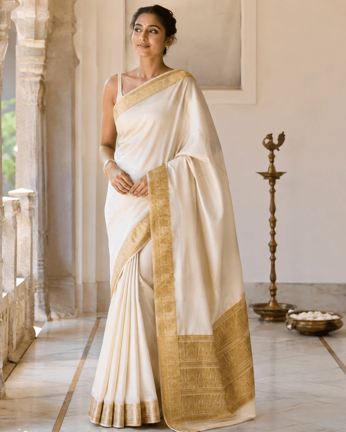 Soft gold silk saree in a temple-inspired setting