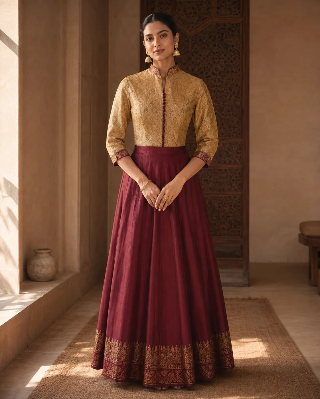 Antique gold silk top styled with a burgundy skirt